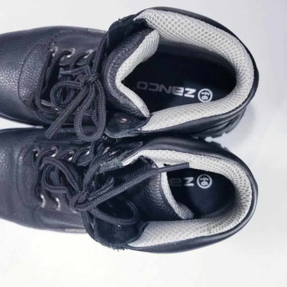 Zanco Black Pebbled Genuine Leather Lace Up Steel Toe Boots Men Size 9.5